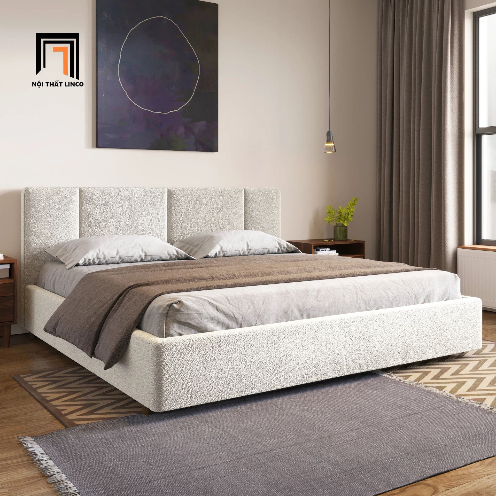 Giường ngủ giá rẻ GN109 Jimie vải lông cừu 1m6 x 2m trắng kem