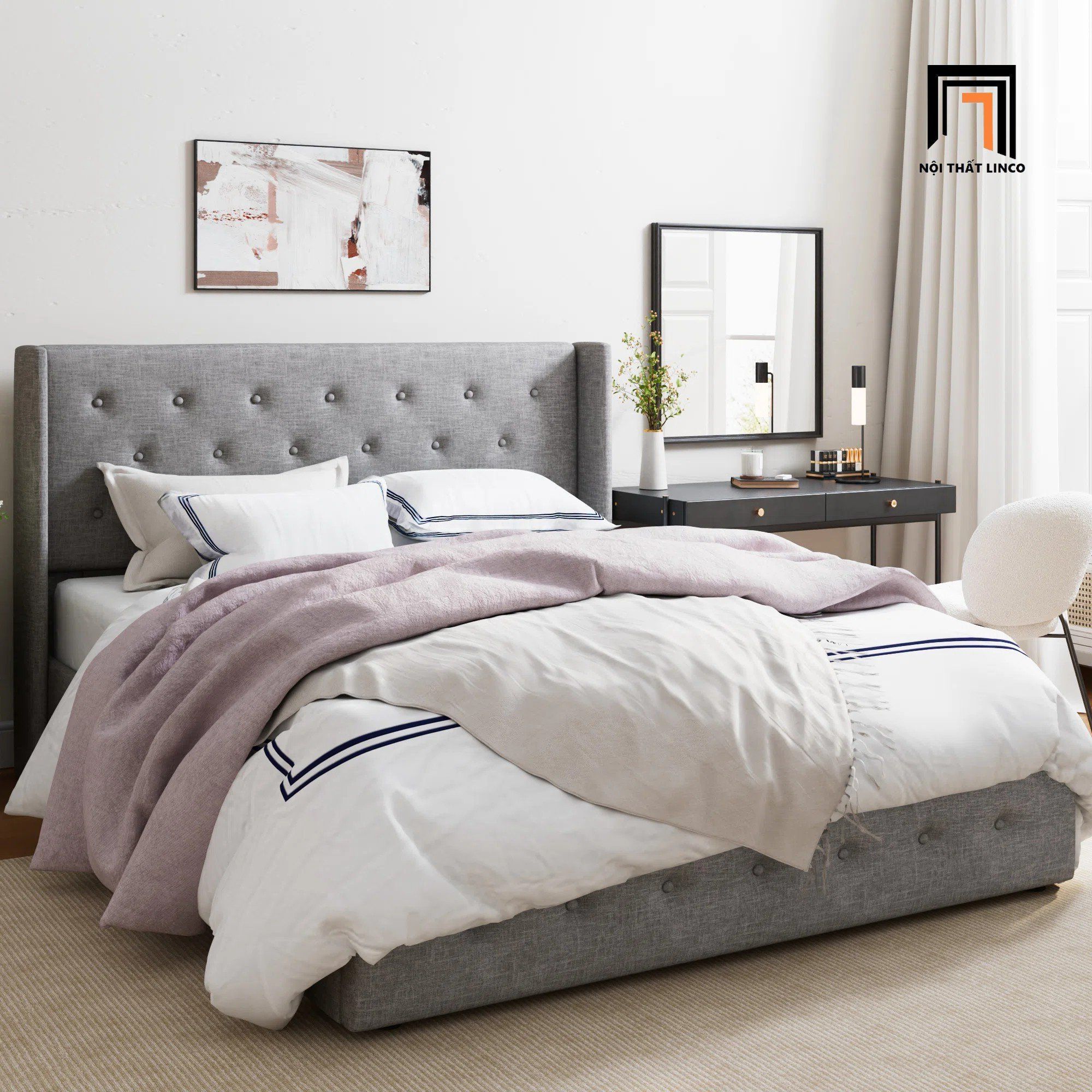 Giường ngủ bọc vải xám đậm GN107 Standie giật nút hiện đại