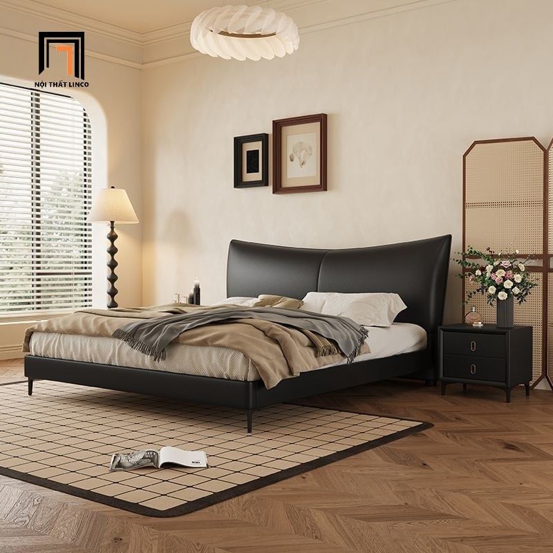 Giường ngủ kiểu dáng hiện đại GN96 Aubrey da pu màu đen