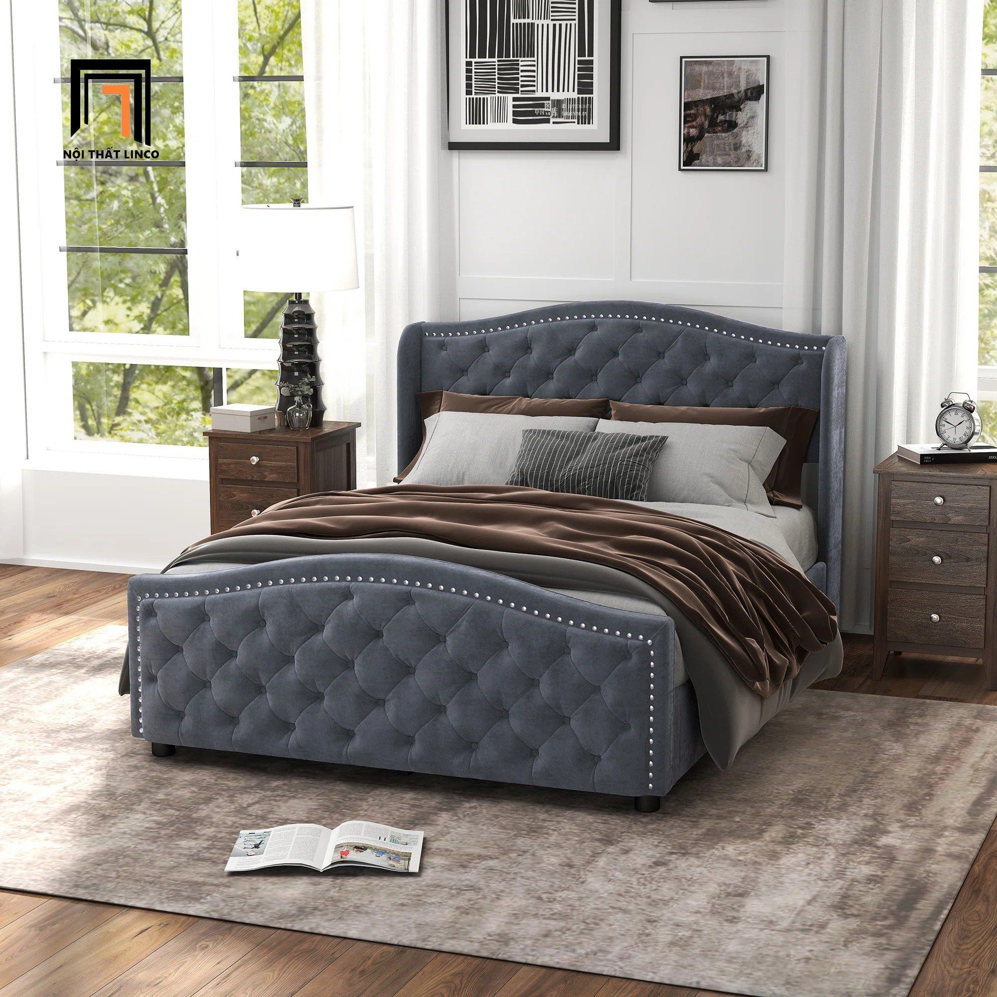 Giường ngủ tân cổ điển vải nỉ GN108 Mackey xám lông chuột