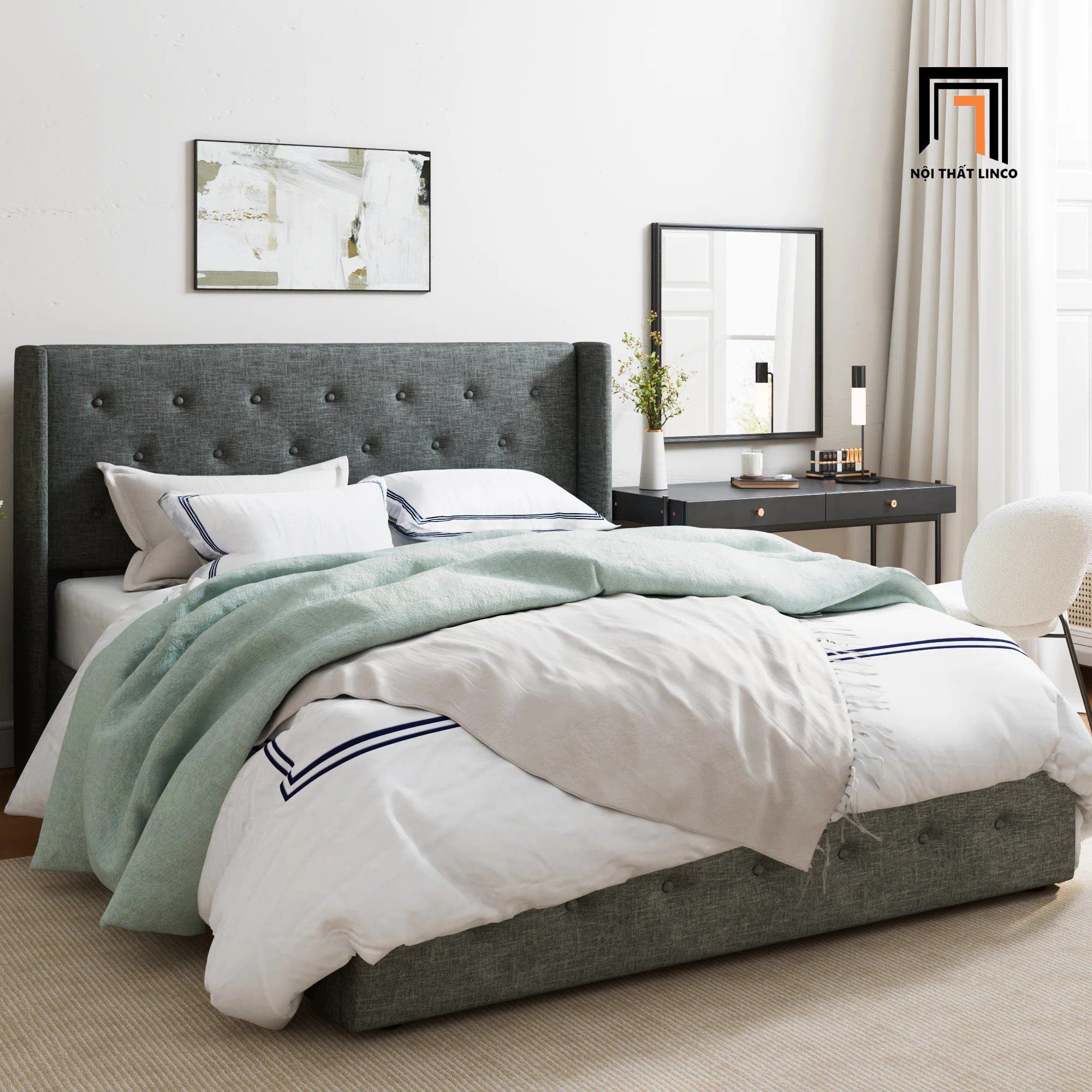 Giường ngủ bọc vải xám đậm GN107 Standie giật nút hiện đại