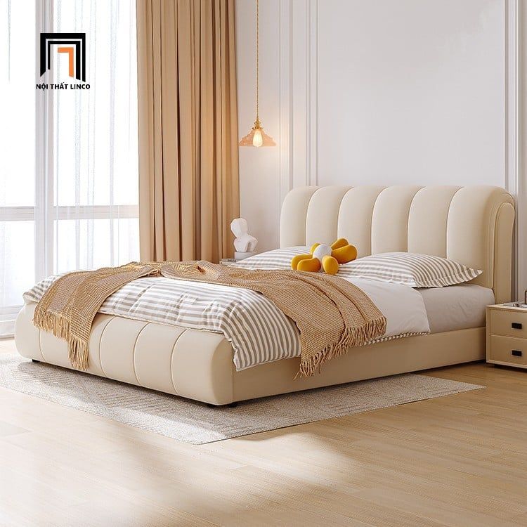 Giường ngủ bọc nệm cao cấp GN94 Cazavil da giả màu be đẹp