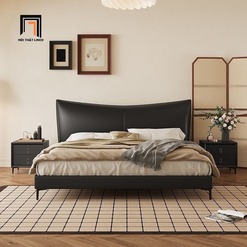 Giường ngủ kiểu dáng hiện đại GN96 Aubrey da pu màu đen