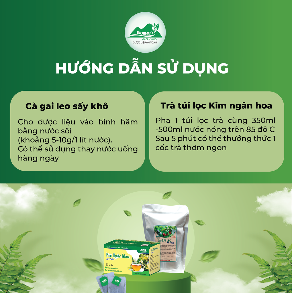 Combo Giải Độc Gan - Cà Gai Leo Sấy Khô & Trà Túi Lọc Kim Ngân Hoa An Toàn Biormed