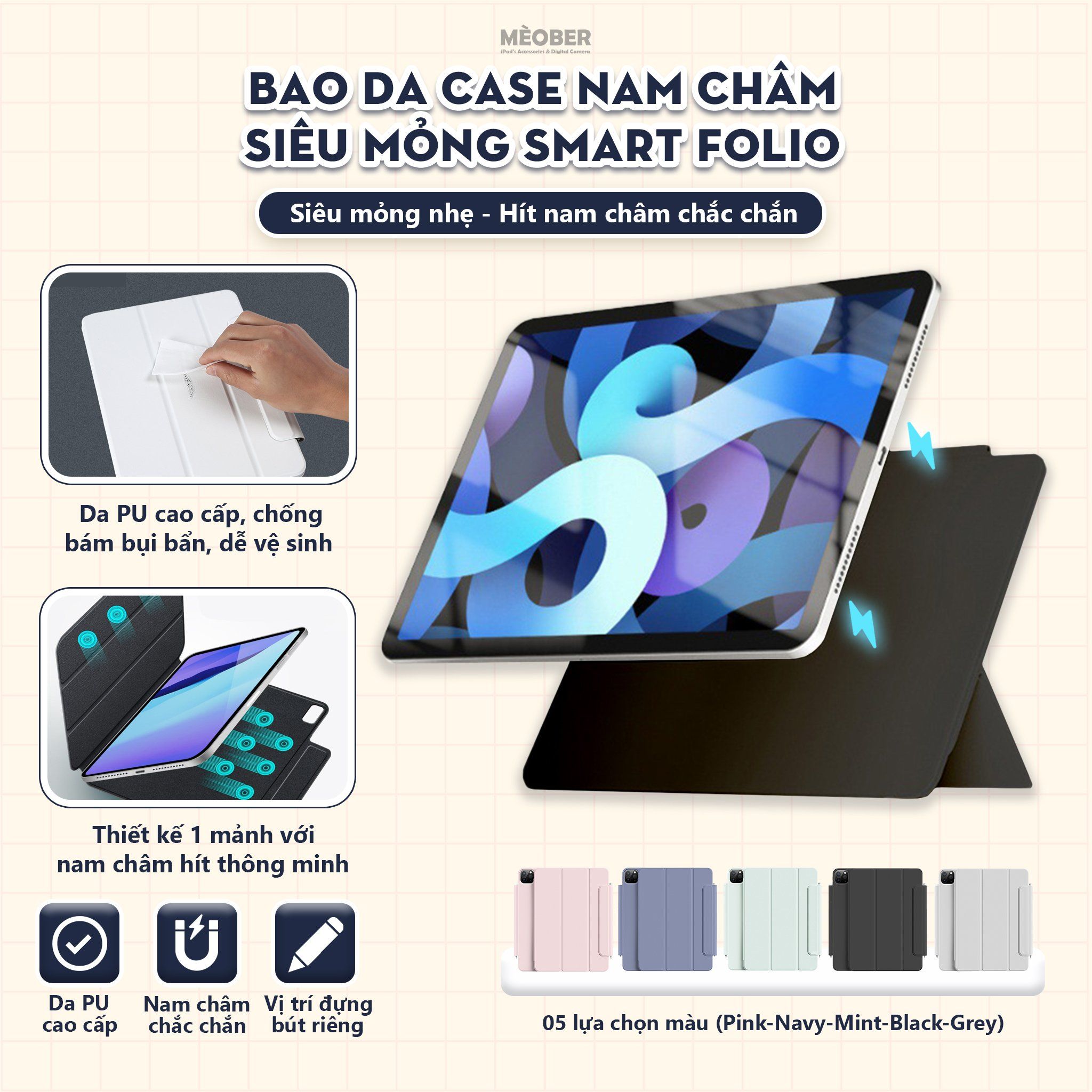 Bao da iPad case nam châm siêu mỏng smart folio cho Pro 11 Air 4 5 6 cover Mini 6 7 by MèoBer