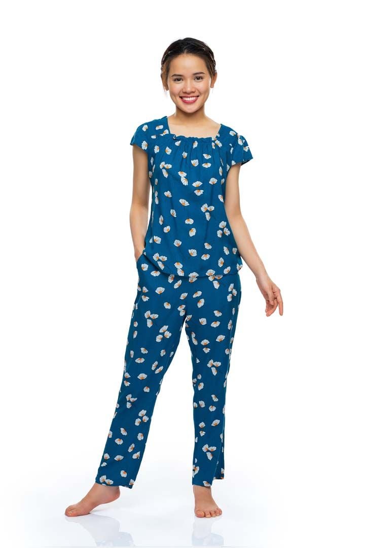 Q45112304 - Đồ Bộ Dài Rayon/ Viscose Nữ Mặc Nhà QUẾ LÂM Cổ Vuông Nhún Tay Ngắn