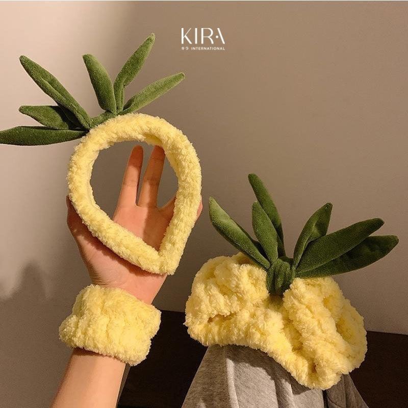 Set phụ kiện rửa mặt trái dứa 3 món – Băng đô, cổ tay, bờm tóc dễ thương, chất mềm mịn, chống nước chảy tay áo