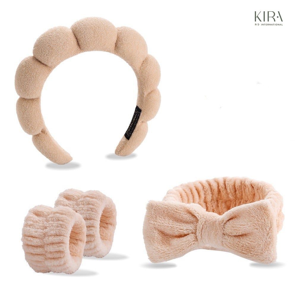 Băng đô rửa mặt, dây đeo cổ tay chống nước, set phụ kiện skincare sang chảnh, chất nhung co giãn