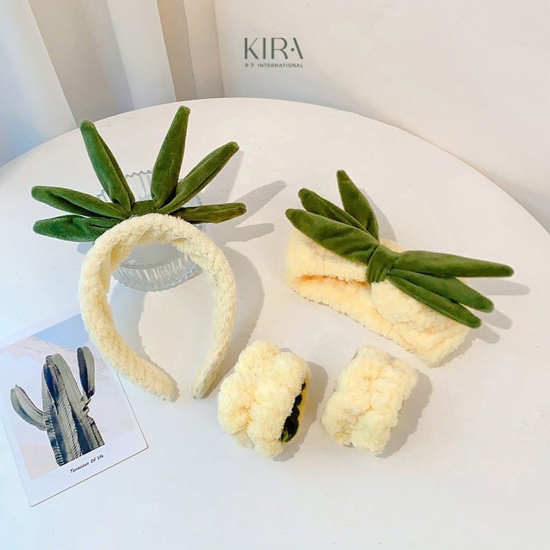 Set phụ kiện rửa mặt trái dứa 3 món – Băng đô, cổ tay, bờm tóc dễ thương, chất mềm mịn, chống nước chảy tay áo