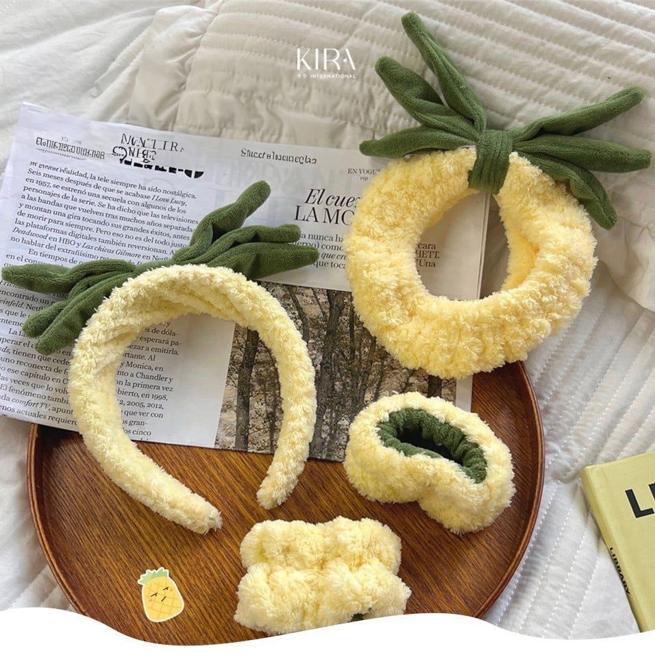 Set phụ kiện rửa mặt trái dứa 3 món – Băng đô, cổ tay, bờm tóc dễ thương, chất mềm mịn, chống nước chảy tay áo