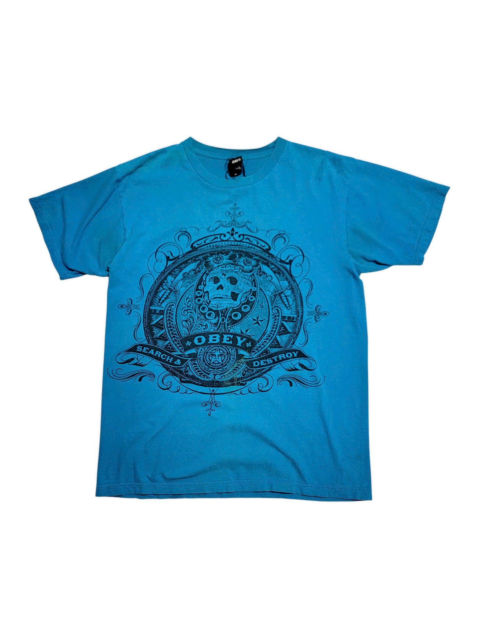 |SIZE M| OBEY SEARCH & DESTROY SKULL GRAPHIC BLUE T-SHIRT AOM-5459