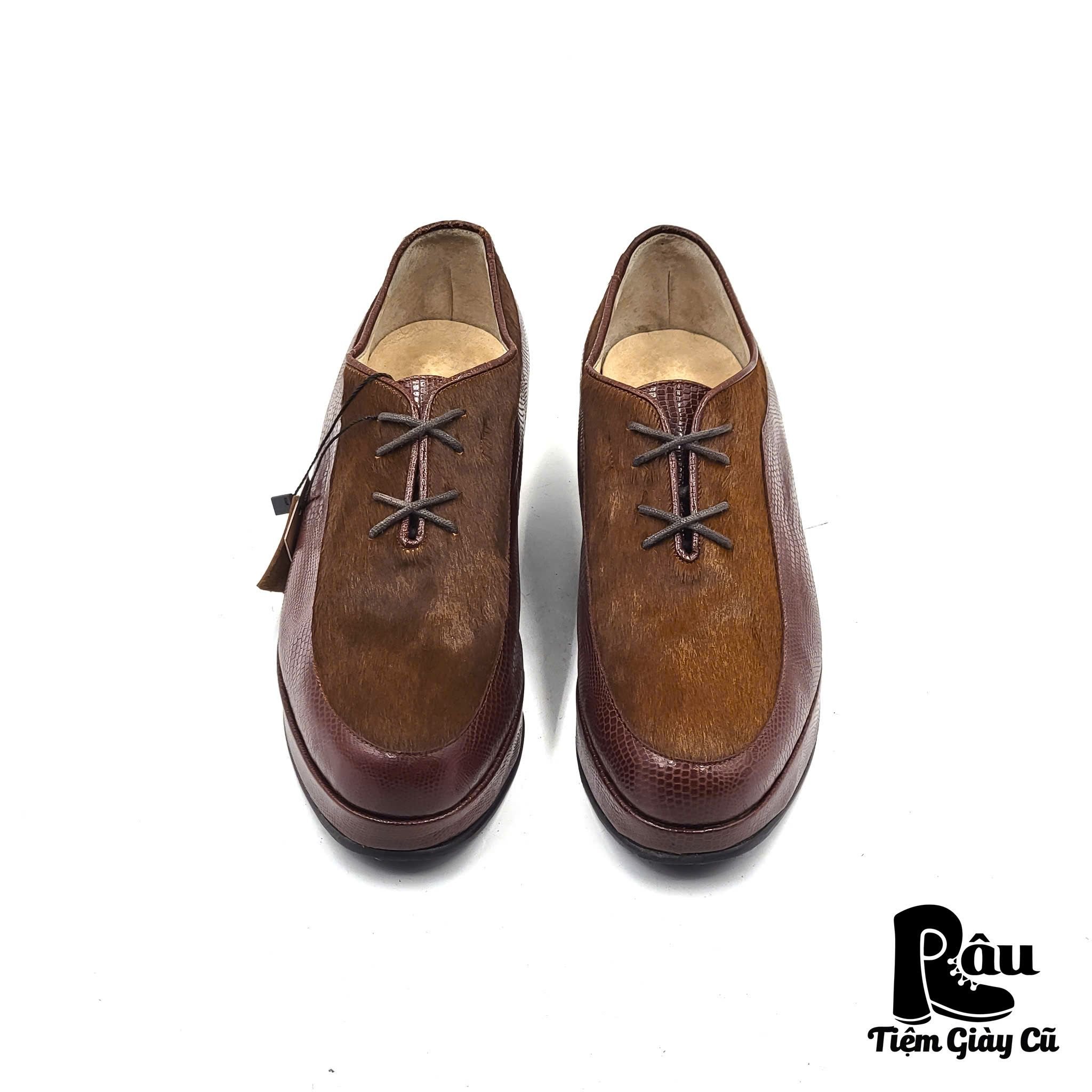 |SIZE 38| TRUNK BY HIROKO KOSHINO VINTAGE HAIR-ON LIZARD PATTERN HYBRID LACE-UP SHOES Z38-7027