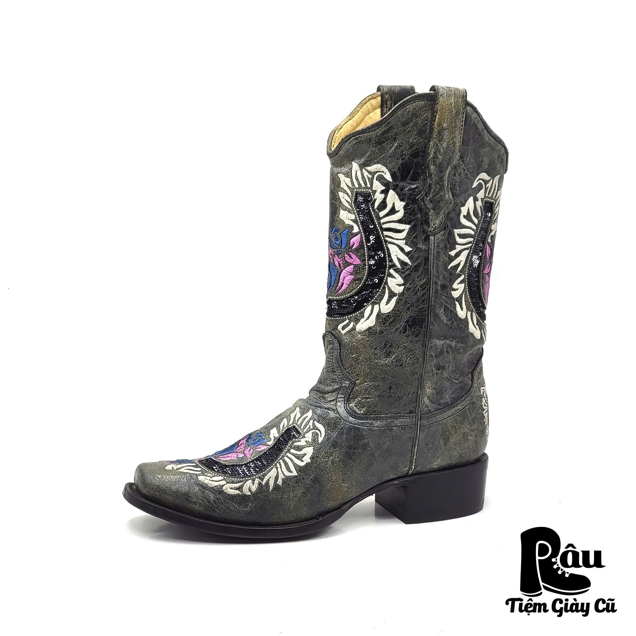 |SIZE 38.5| CORRAL R2536 GREY HORSESHOE ROSES SEQUINS COWBOY BOOT Z38.5-7073