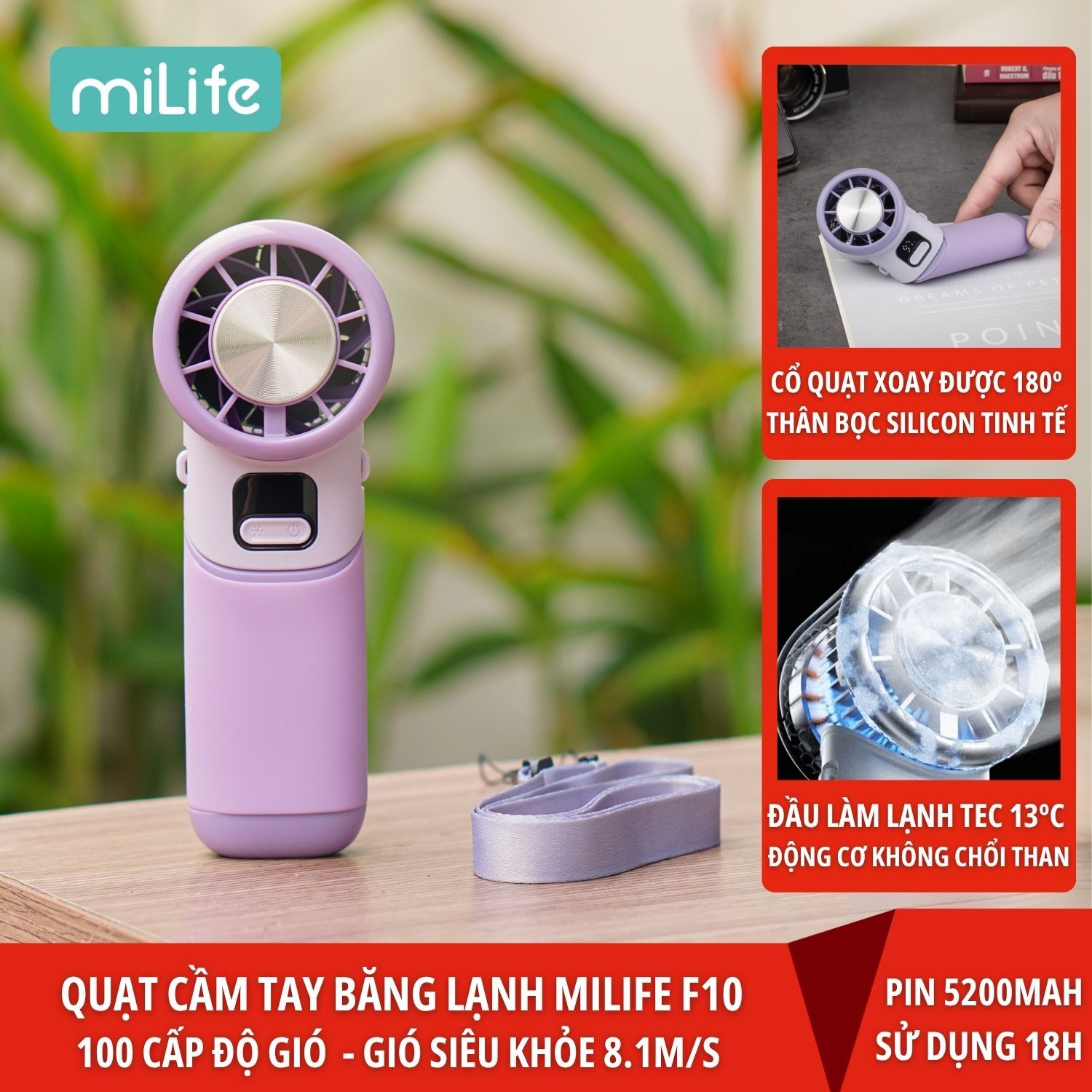 Quạt cầm tay tích điện miLife F10 đầu xoay 180 độ