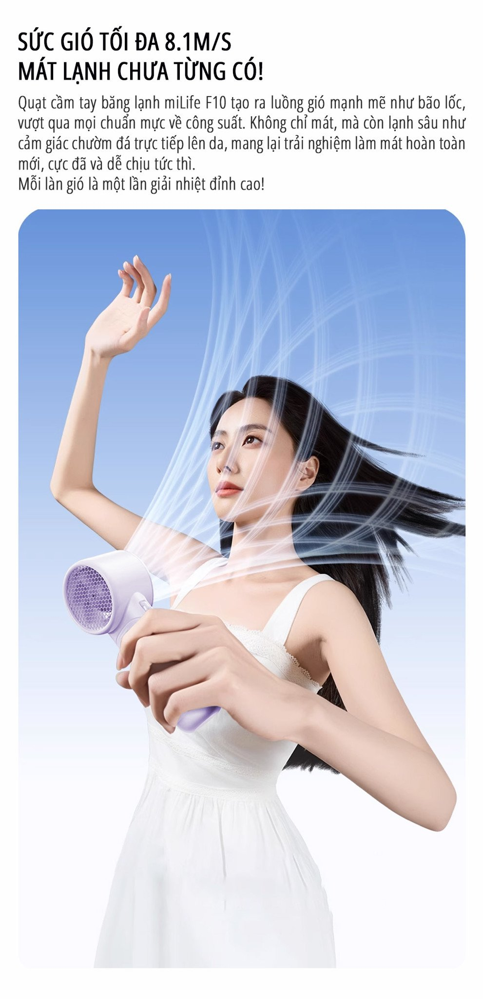 Quạt cầm tay tích điện miLife F10 đầu xoay 180 độ