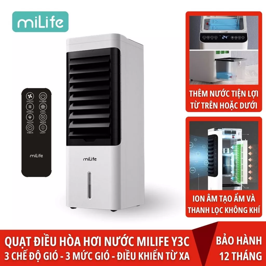 Quạt điều hòa hơi nước Milife Y3C bình chứa 4.5L có ion âm thêm nước từ đỉnh - Remote điều khiển bảo hành 12 tháng