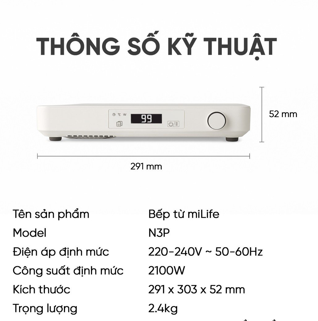Bếp từ 99 mức nhiệt miLife Youth Lite N3P vuông công suất 2100W mâm từ lõi kép thuần đồng - Đun liu riu, hẹn giờ tắt bếp, bảo hành 12 tháng
