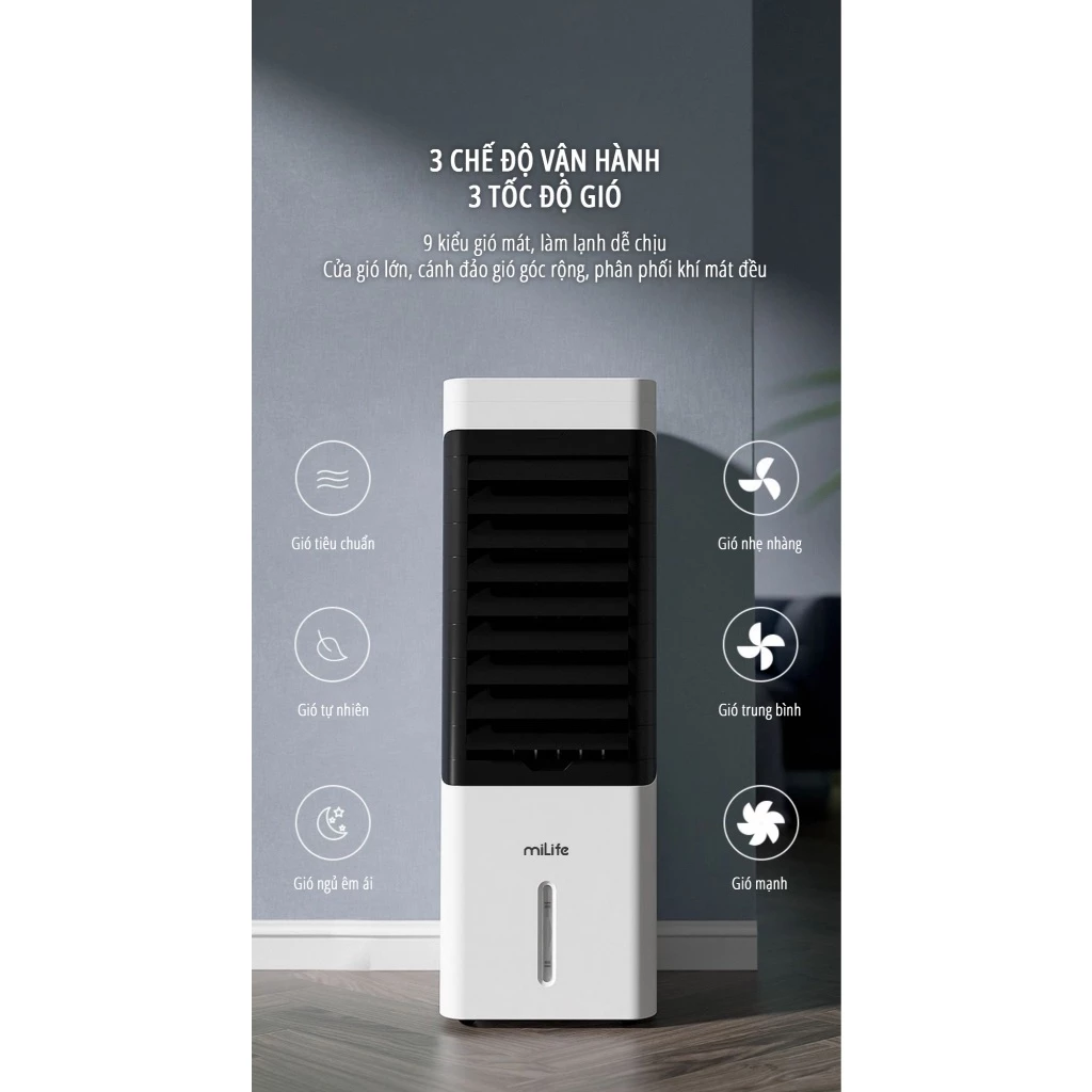 Quạt điều hòa hơi nước Milife Y3C bình chứa 4.5L có ion âm thêm nước từ đỉnh - Remote điều khiển bảo hành 12 tháng