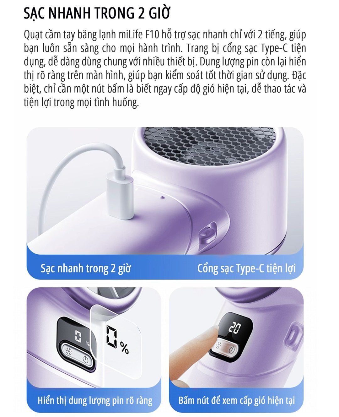 Quạt cầm tay tích điện miLife F10 đầu xoay 180 độ