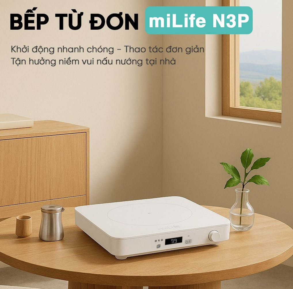 Bếp từ 99 mức nhiệt miLife Youth Lite N3P vuông công suất 2100W mâm từ lõi kép thuần đồng - Đun liu riu, hẹn giờ tắt bếp, bảo hành 12 tháng