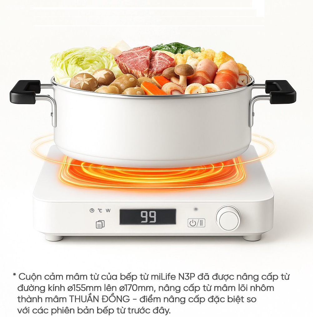 Bếp từ 99 mức nhiệt miLife Youth Lite N3P vuông công suất 2100W mâm từ lõi kép thuần đồng - Đun liu riu, hẹn giờ tắt bếp, bảo hành 12 tháng
