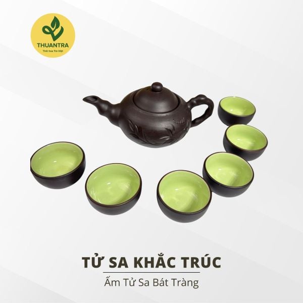 Ấm Tử Sa Khắc Trúc – Bộ Ấm Chén Bát Tràng Cao Cấp