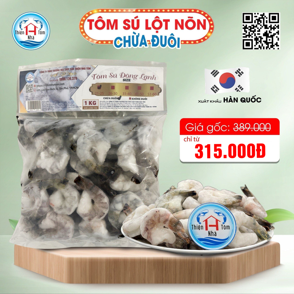 Tôm Sú Lột Nõn Chừa Đuôi (Vị Giòn - Ngọt) Túi 1kg