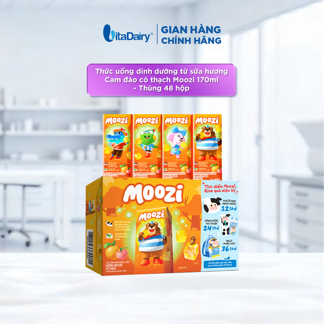 Thức uống dinh dưỡng từ sữa Hương Cam Đào có thạch Moozi 170ml - Thùng 48 hộp