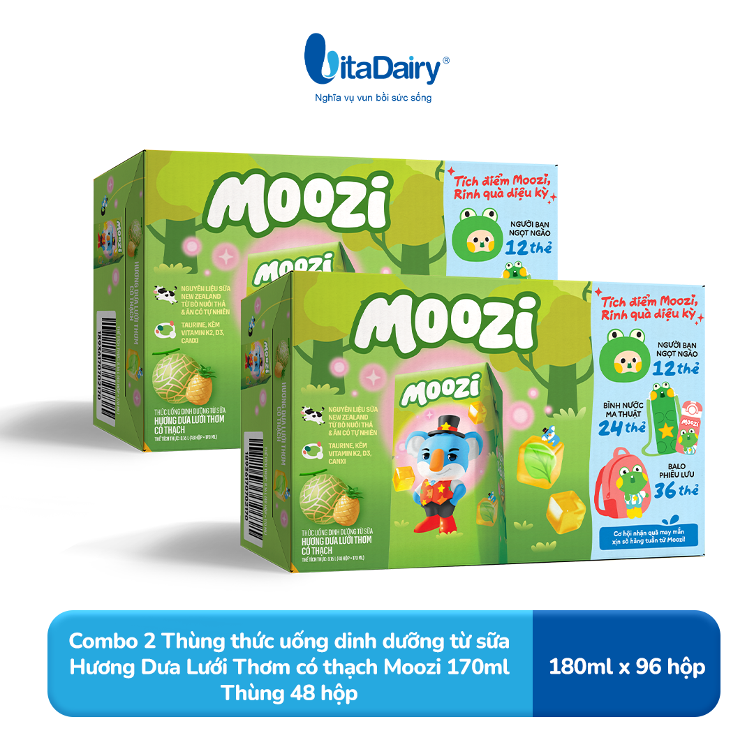 Combo 2 Thùng thức uống dinh dưỡng từ sữa Hương Dưa Lưới Thơm có thạch Moozi 170ml - Thùng 48 hộp