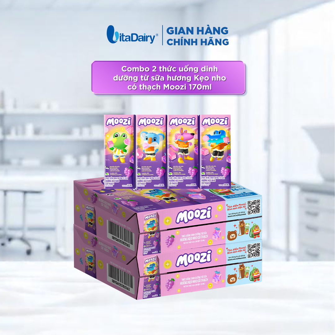 Combo 2 Thùng thức uống dinh dưỡng từ sữa Hương Kẹo Nho có thạch Moozi 170ml - Thùng 48 hộp