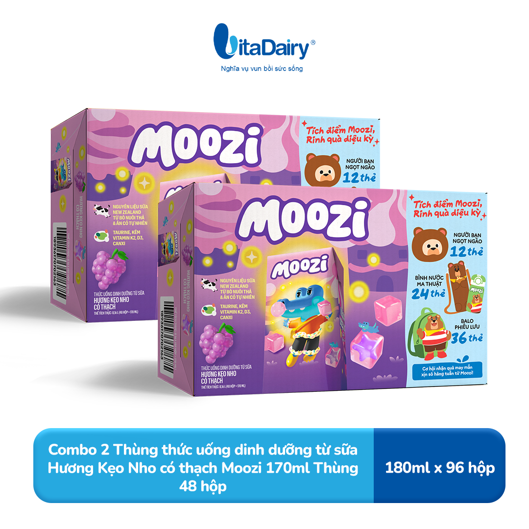 Combo 2 Thùng thức uống dinh dưỡng từ sữa Hương Kẹo Nho có thạch Moozi 170ml - Thùng 48 hộp