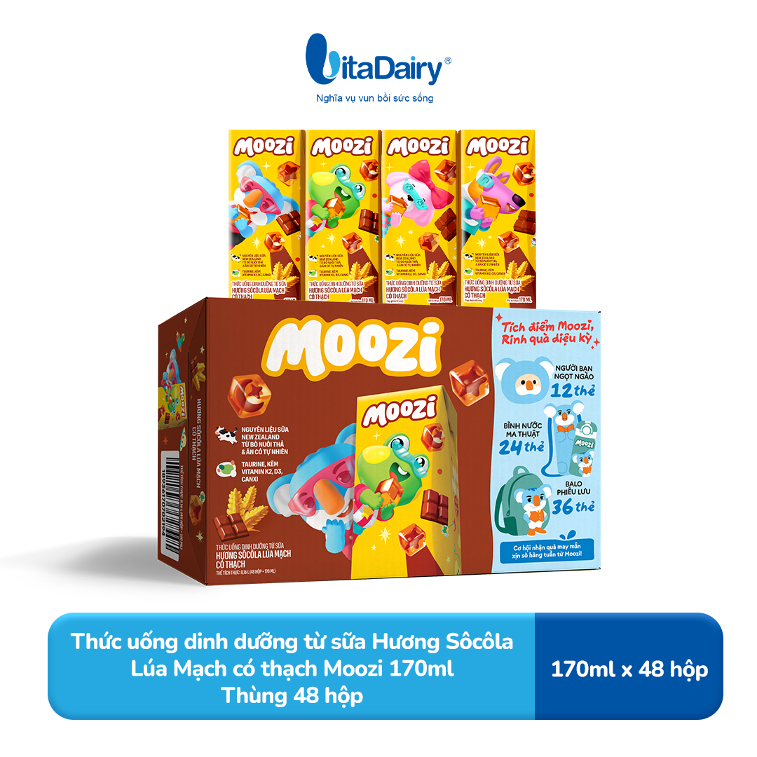 Thức uống dinh dưỡng từ sữa Hương Sôcôla Lúa Mạch có thạch Moozi 170ml - Thùng 48 hộp