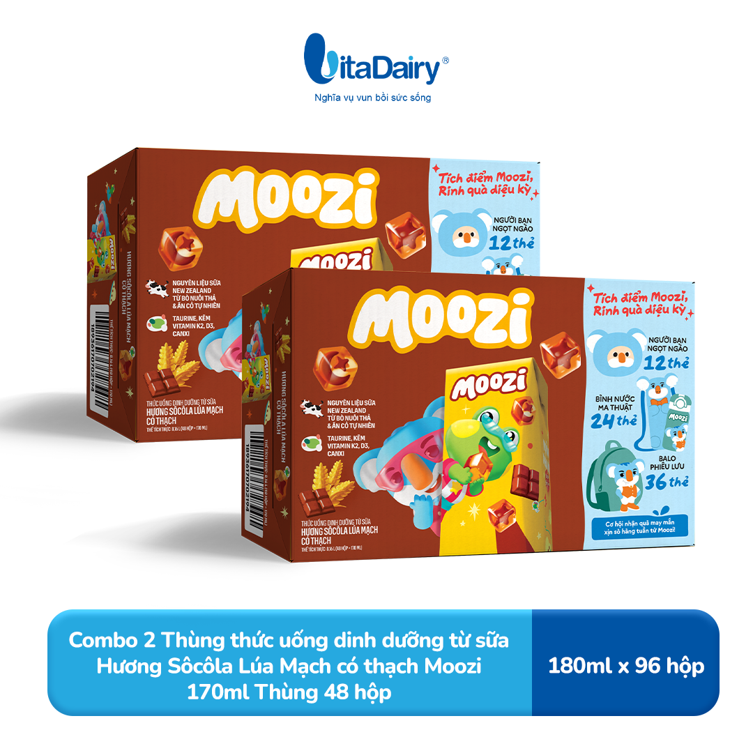 Combo 2 Thùng thức uống dinh dưỡng từ sữa Hương Sôcôla Lúa Mạch có thạch Moozi 170ml