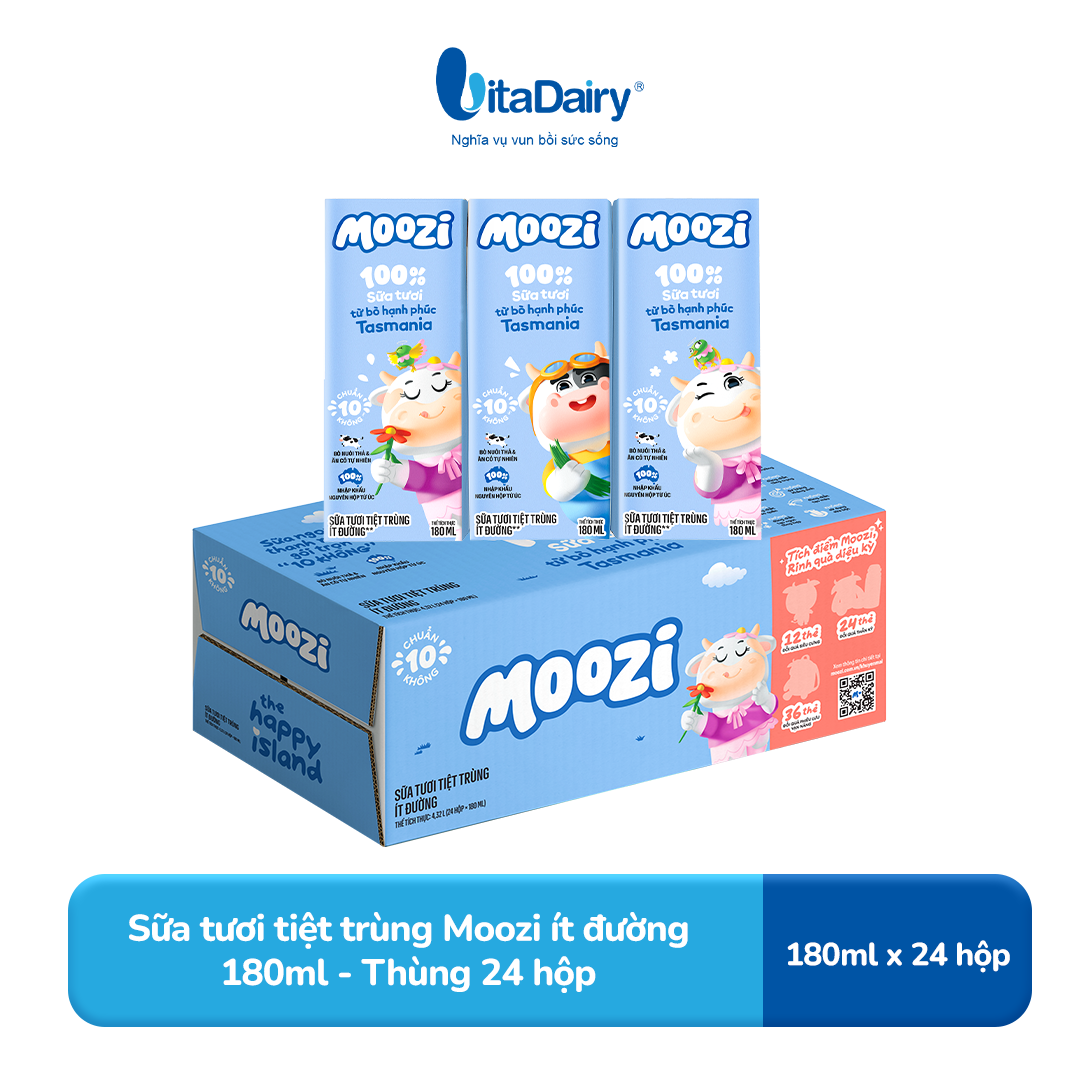 Sữa tươi tiệt trùng Moozi ít đường 180ml - Thùng 24 hộp