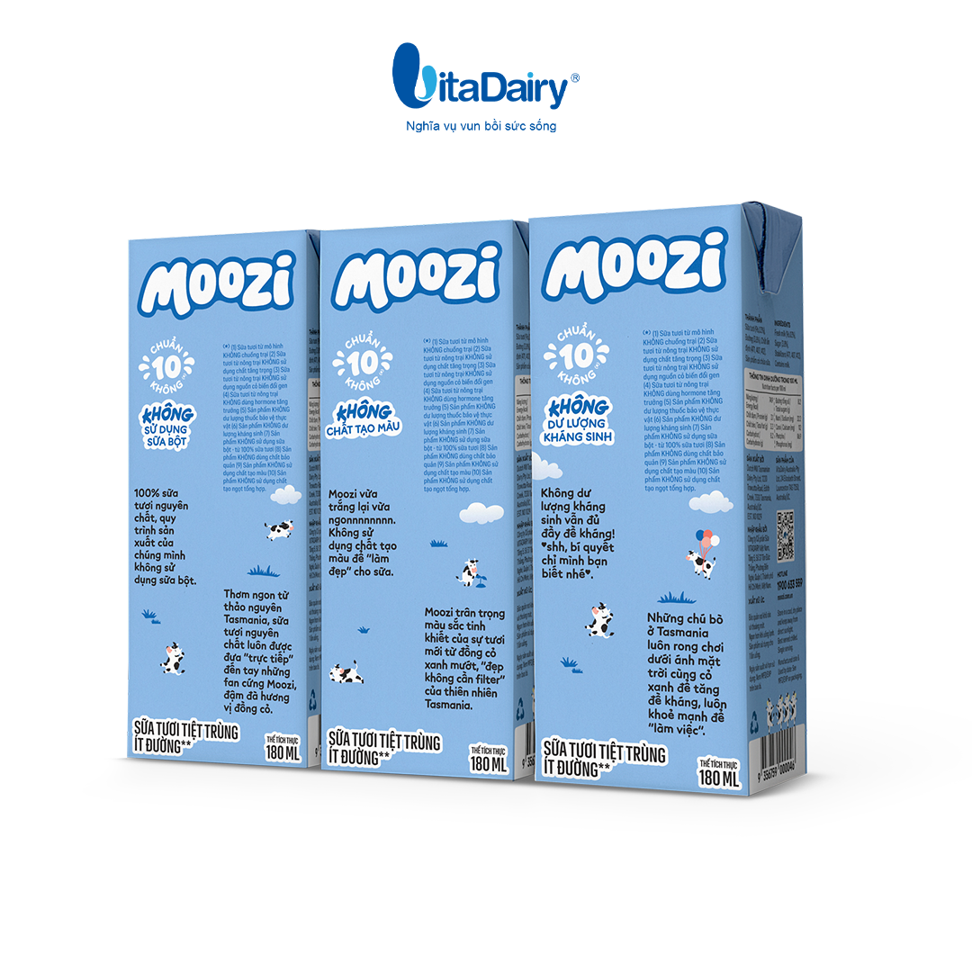 Sữa tươi tiệt trùng Moozi ít đường 180ml - Thùng 24 hộp