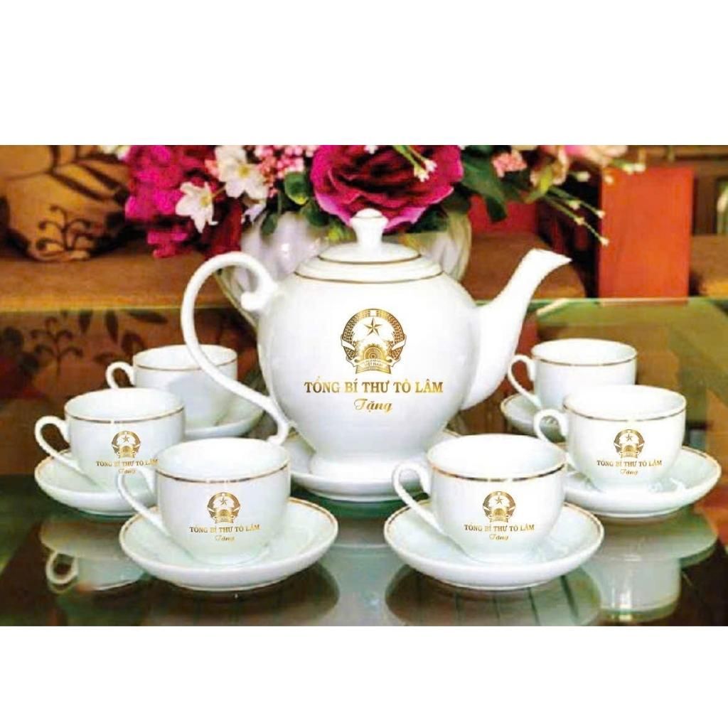 Quà tặng thăng chức - Bộ ấm chén Bát Tràng in logo Quốc huy Việt Nam BKCECN-9265