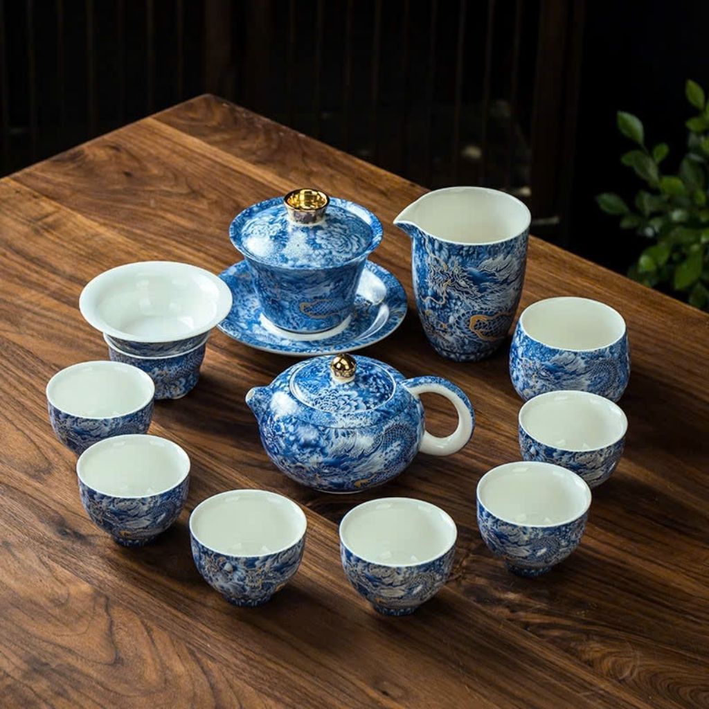 Bộ Ấm Chén Rồng Bạc Sứ Men Lam BKCECN-9286