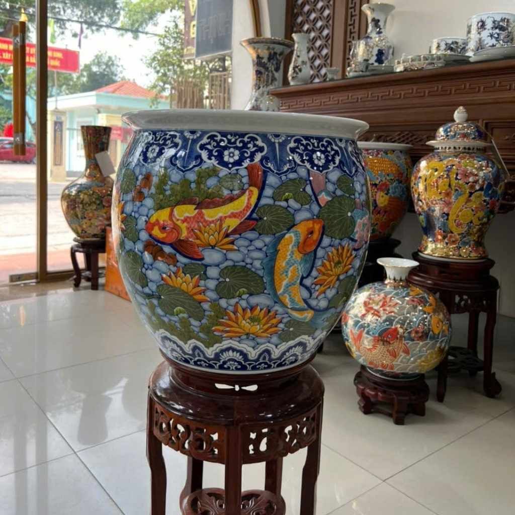 Thống thờ hoa sen cá chép gốm sứ bát tràng BKCEVN-9327