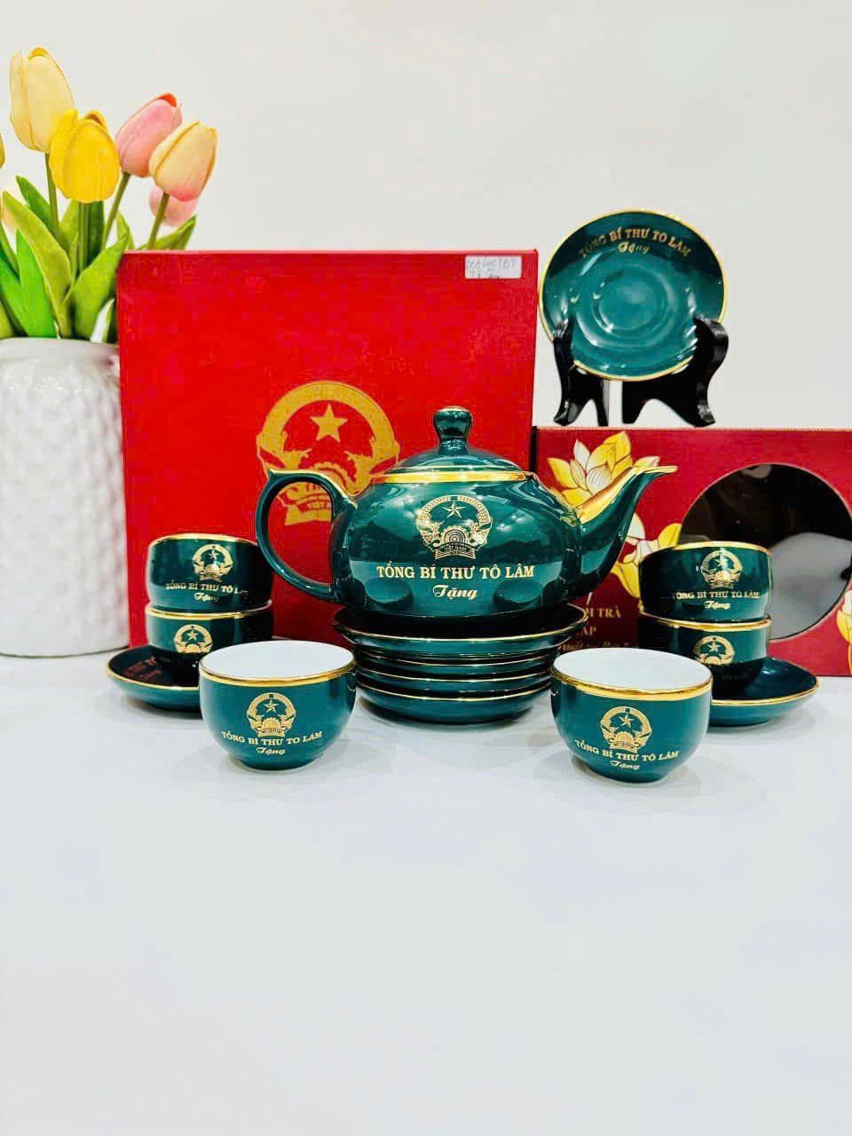 Bộ ấm chén men Xanh ngọc in logo Tổng bí thư Tô Lâm BKCEVN-8125