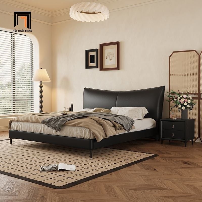 Giường ngủ da pu hiện đại GN96 Aubrey xám đậm cho chung cư