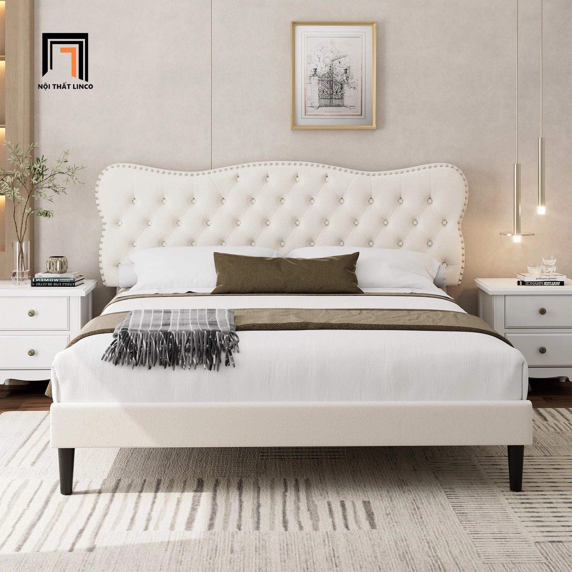 Giường ngủ màu đen vải nhung GN92 Bignell đính nút đồng đẹp