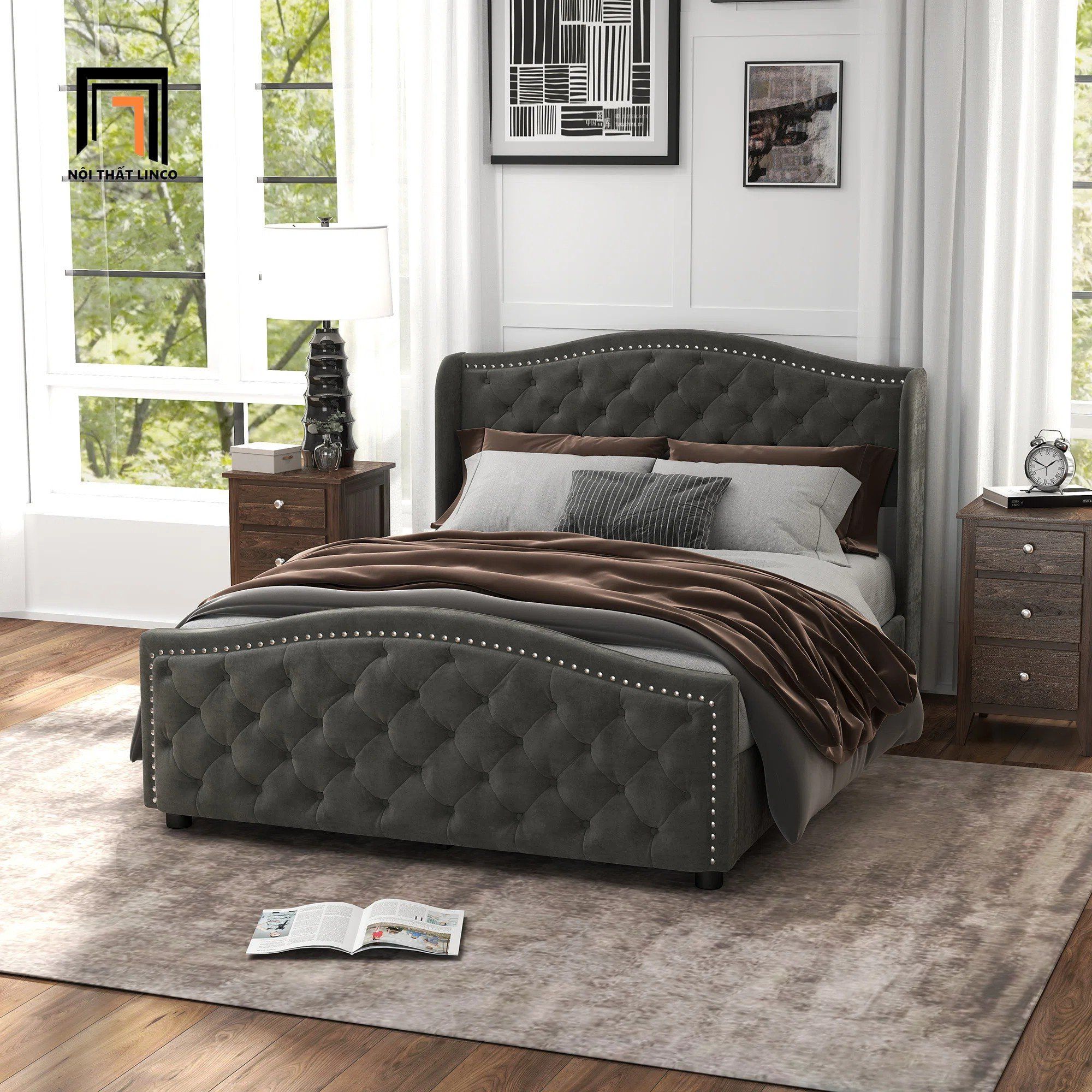 Giường ngủ vải nỉ xám phong cách Âu Mỹ GN108 Mackey cao cấp