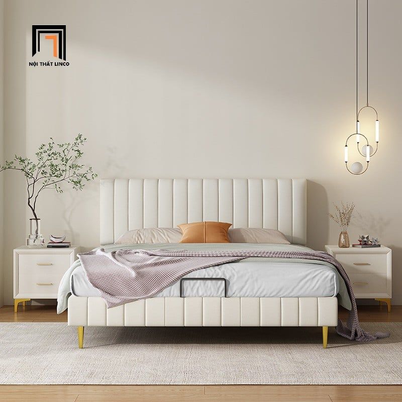 Giường ngủ bọc da giả màu xám trắng GN97 Perrot chân inox