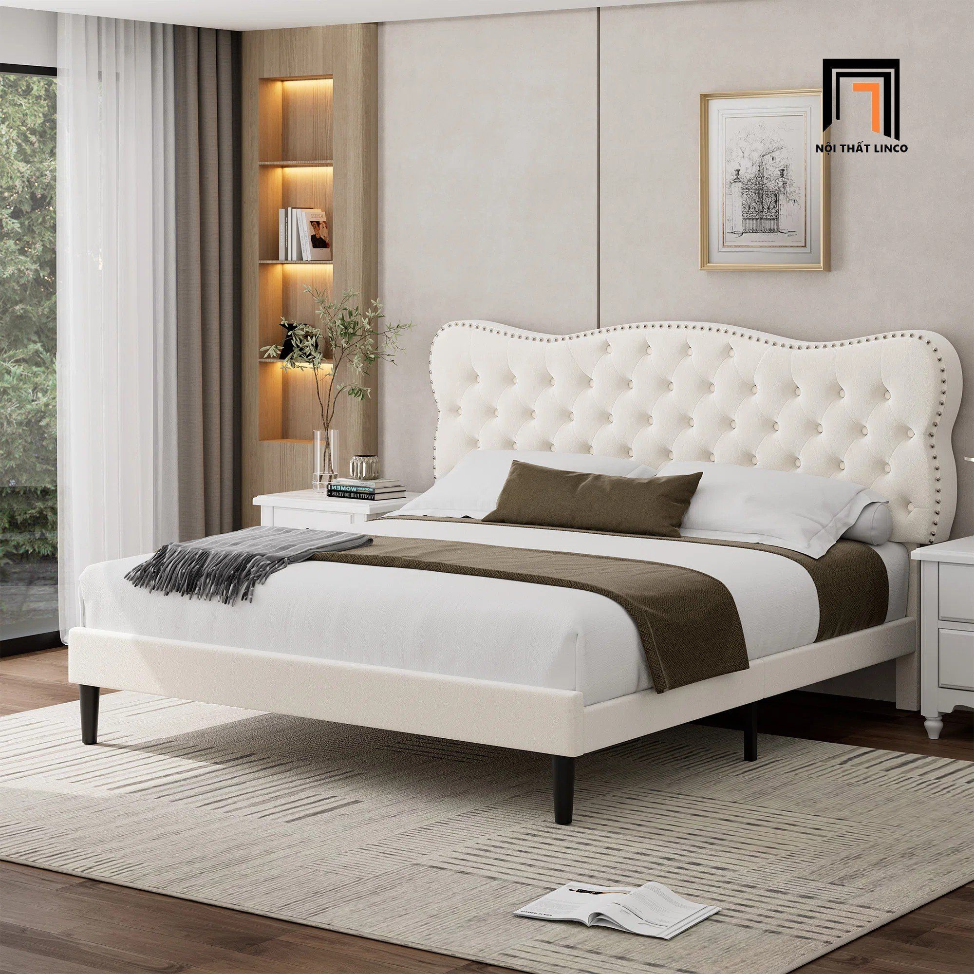 Giường ngủ màu đen vải nhung GN92 Bignell đính nút đồng đẹp