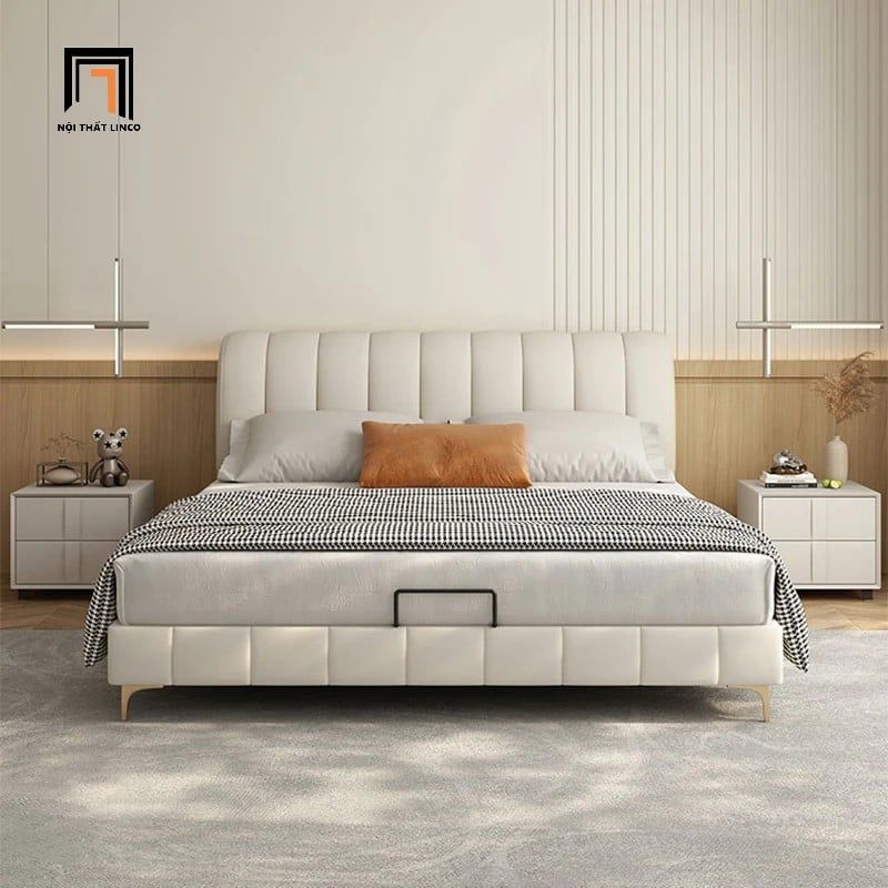 Giường ngủ da giả màu xám trắng GN81 Moya chia múi nổi bật