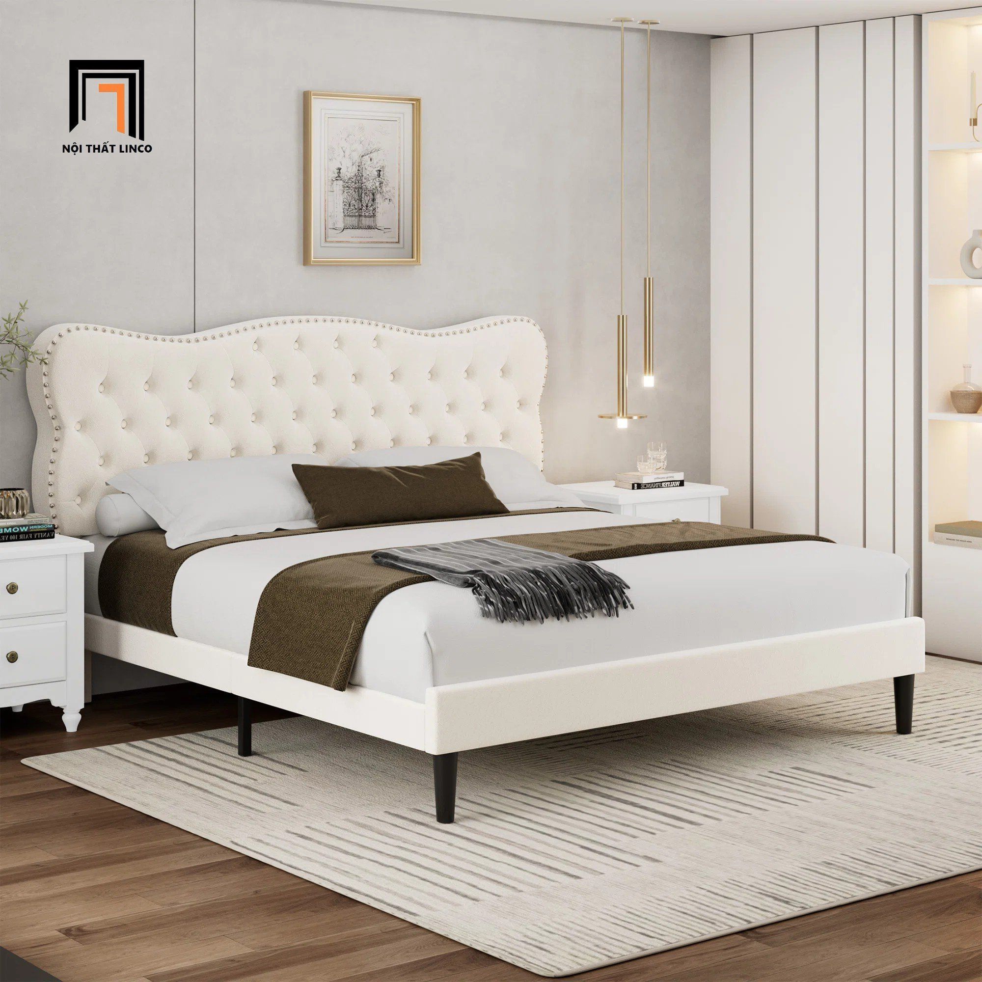 Giường ngủ màu đen vải nhung GN92 Bignell đính nút đồng đẹp