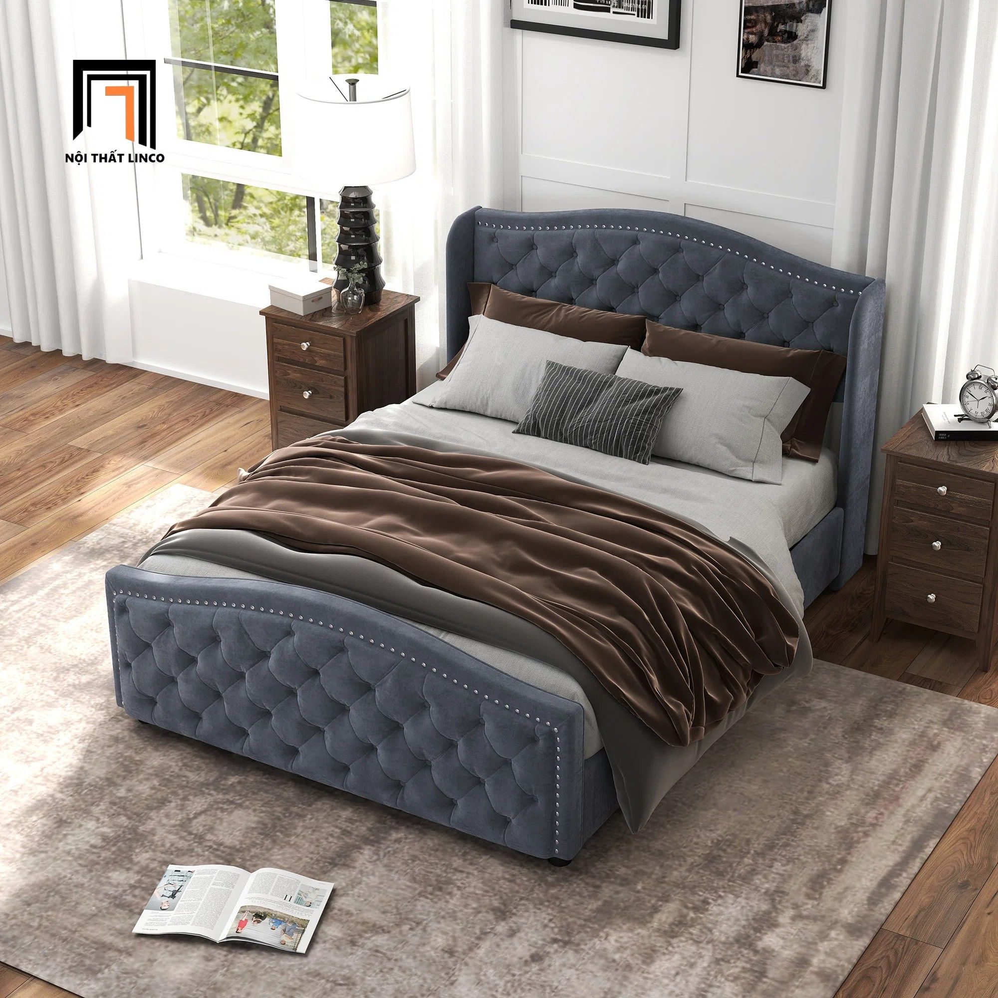 Giường ngủ vải nỉ xám phong cách Âu Mỹ GN108 Mackey cao cấp