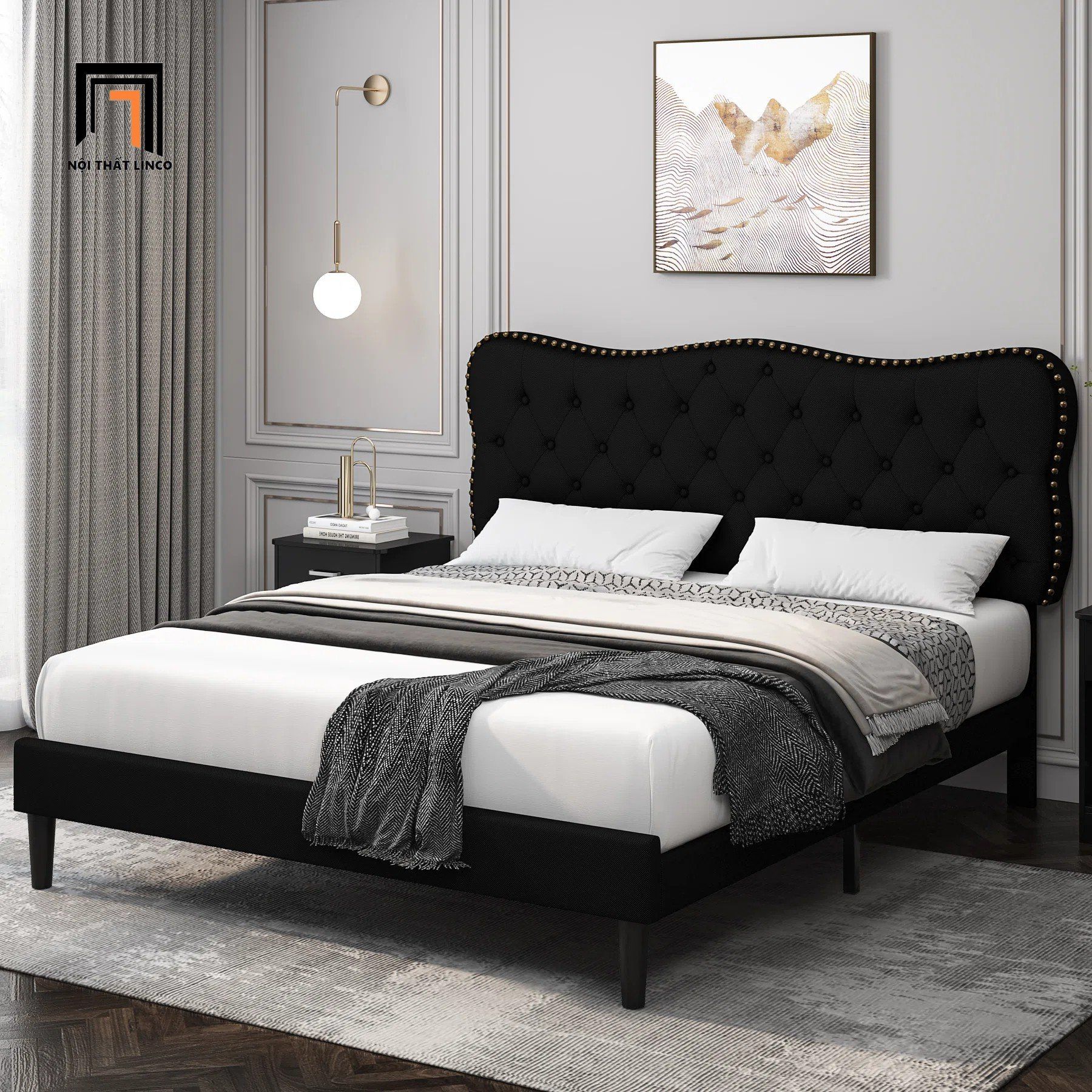 Giường ngủ màu đen vải nhung GN92 Bignell đính nút đồng đẹp