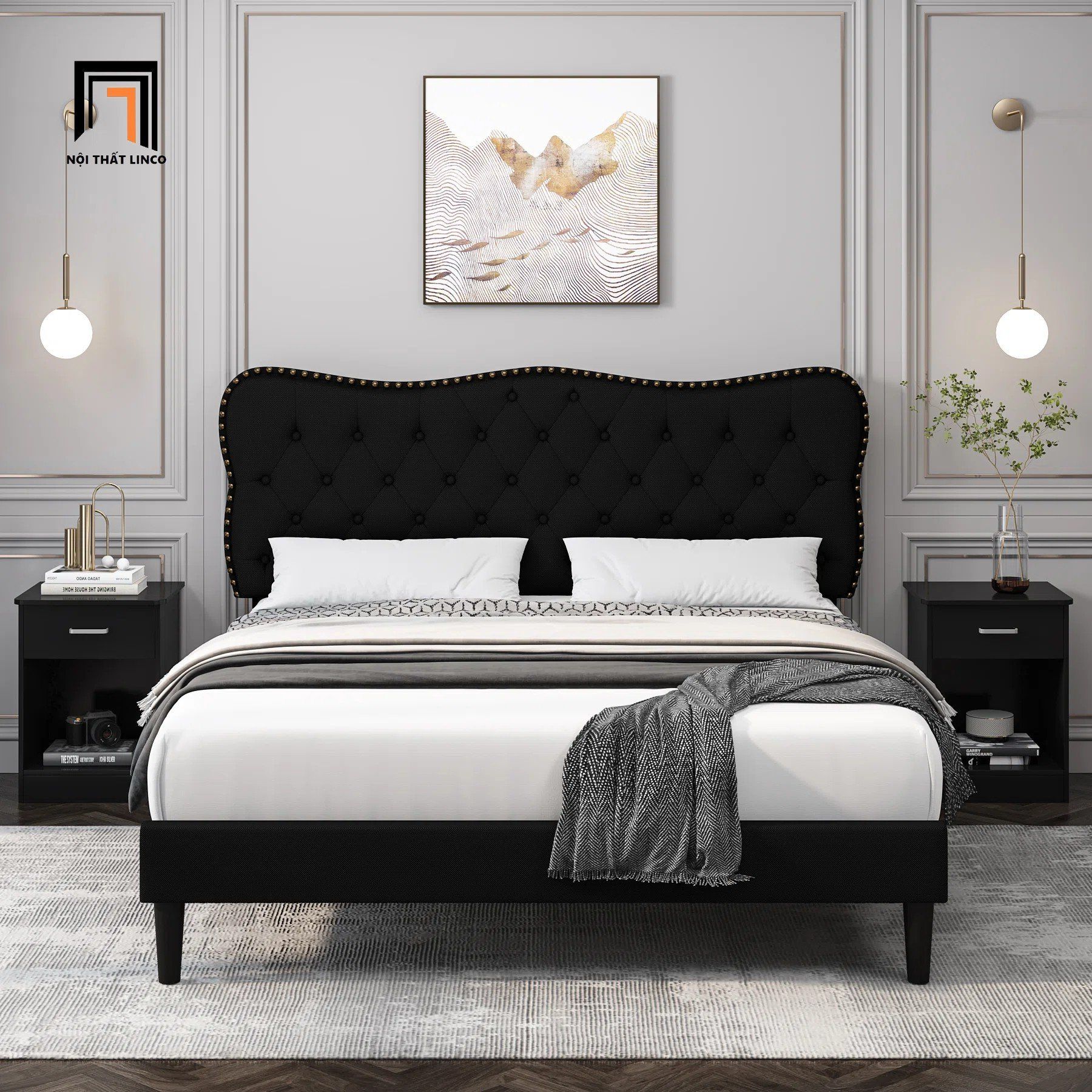 Giường ngủ màu đen vải nhung GN92 Bignell đính nút đồng đẹp