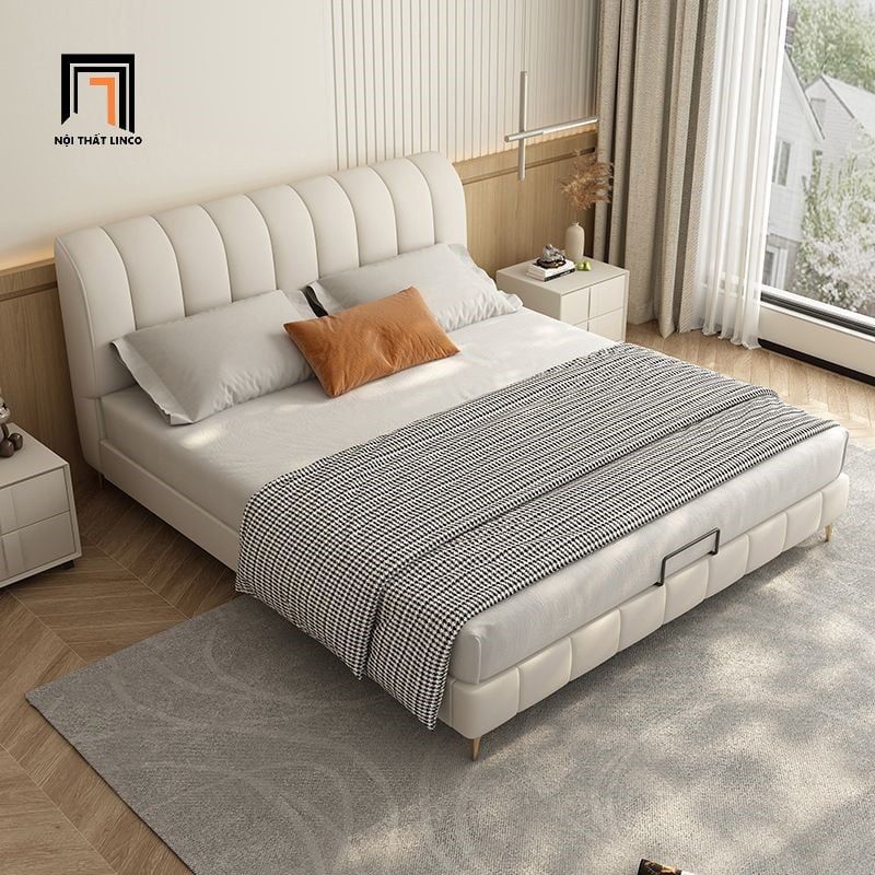 Giường ngủ da giả màu xám trắng GN81 Moya chia múi nổi bật